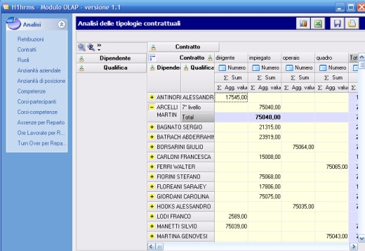 H1 OLAP visione di tutti i dipendenti e delle loro parti economiche - possibilità di modificare la relazione tra i dati - area risorse umane e personale